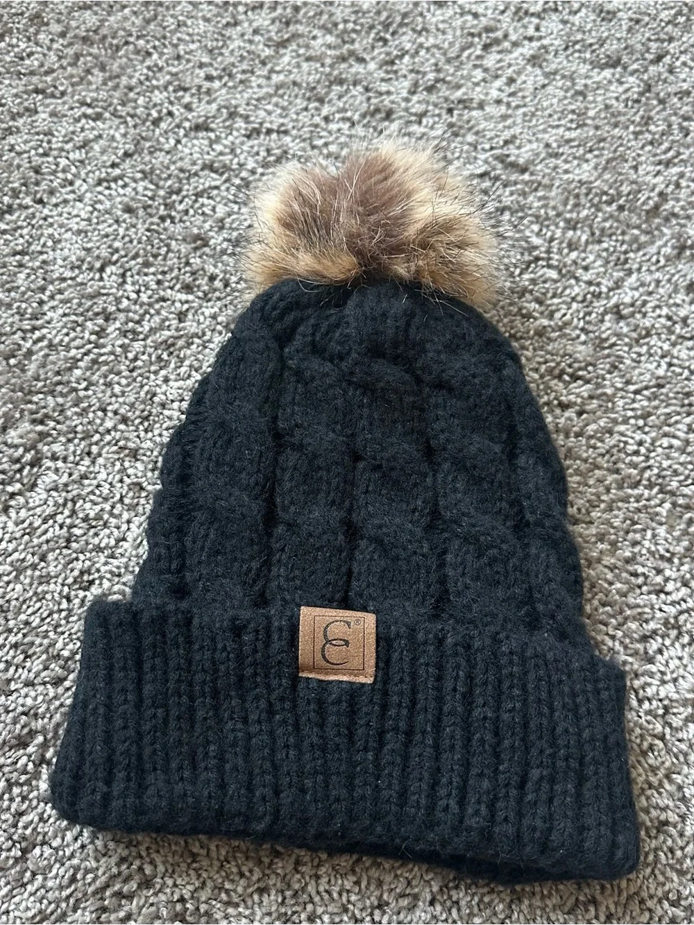 CC Boutique Black Knit Beanie with Brown Faux Fur Pom